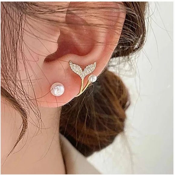 Anthropologie Jewelry - Mermaid Tail Cuff Gold Pearl Earrings Stud Women Rhinestone Minimalist Jewelry
